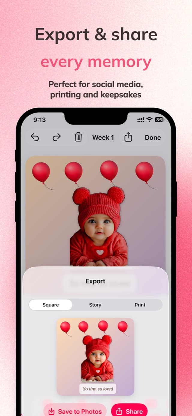 Exporting a baby milestone photo from Little as a square post, a story, or a print