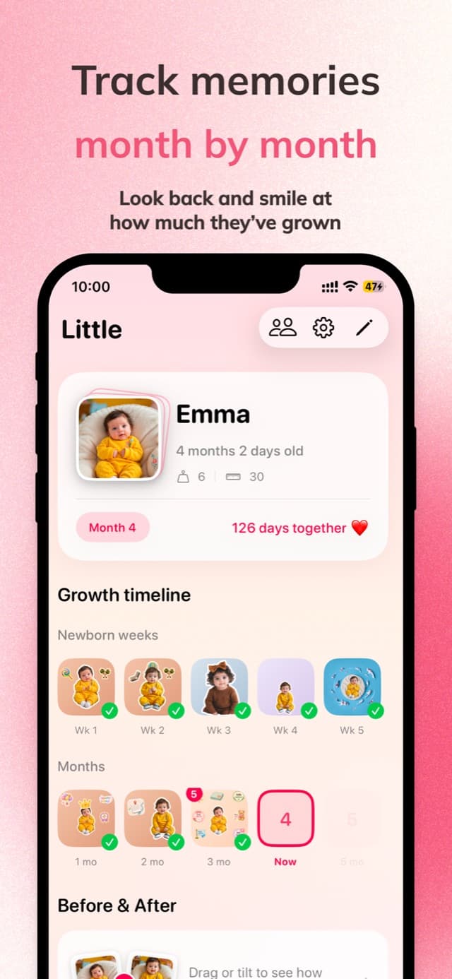 Little's growth timeline showing newborn weeks and monthly baby milestones for a four-month-old, with Before & After below