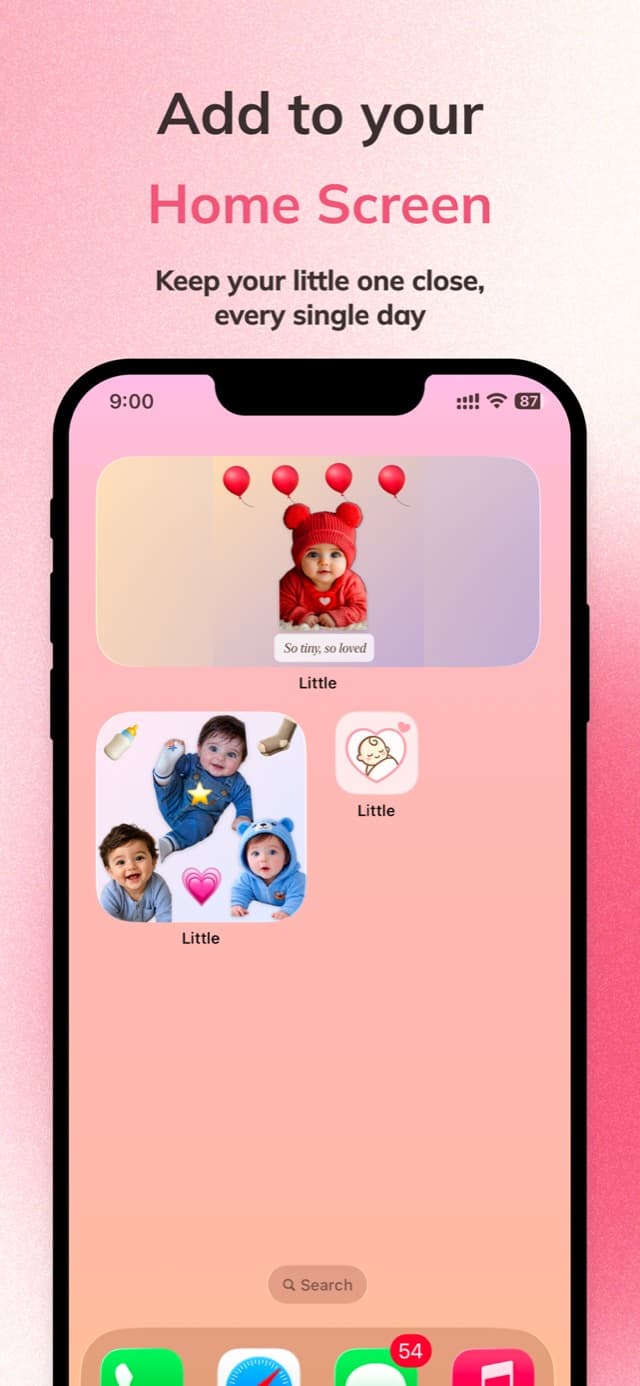 A baby milestone photo widget on an iPhone Home Screen, showing a baby in a red hat with balloons