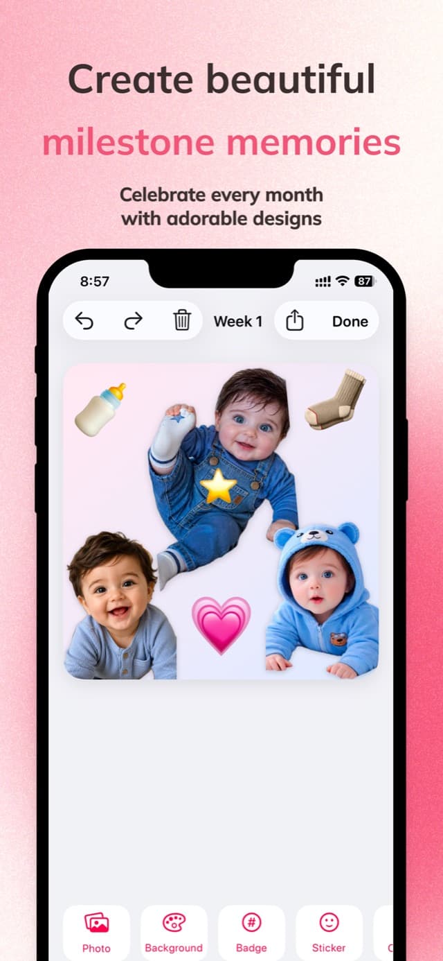 Creating a baby milestone photo in Little, with cut-out baby photos, a bottle sticker and a heart on a pale pink mat