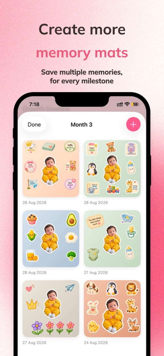 A grid of saved Month 3 baby milestone mats in Little, each with a different sticker theme