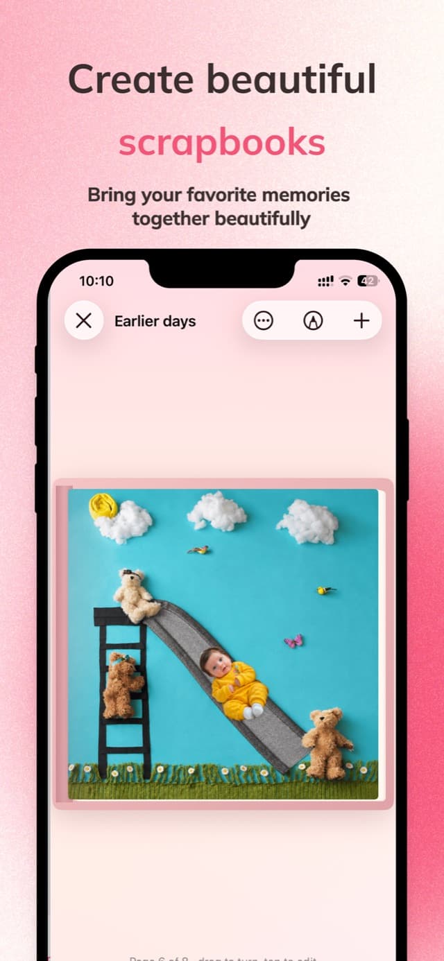 A scrapbook page in Little showing a baby on a slide with teddy bears, part of an eight-page spread